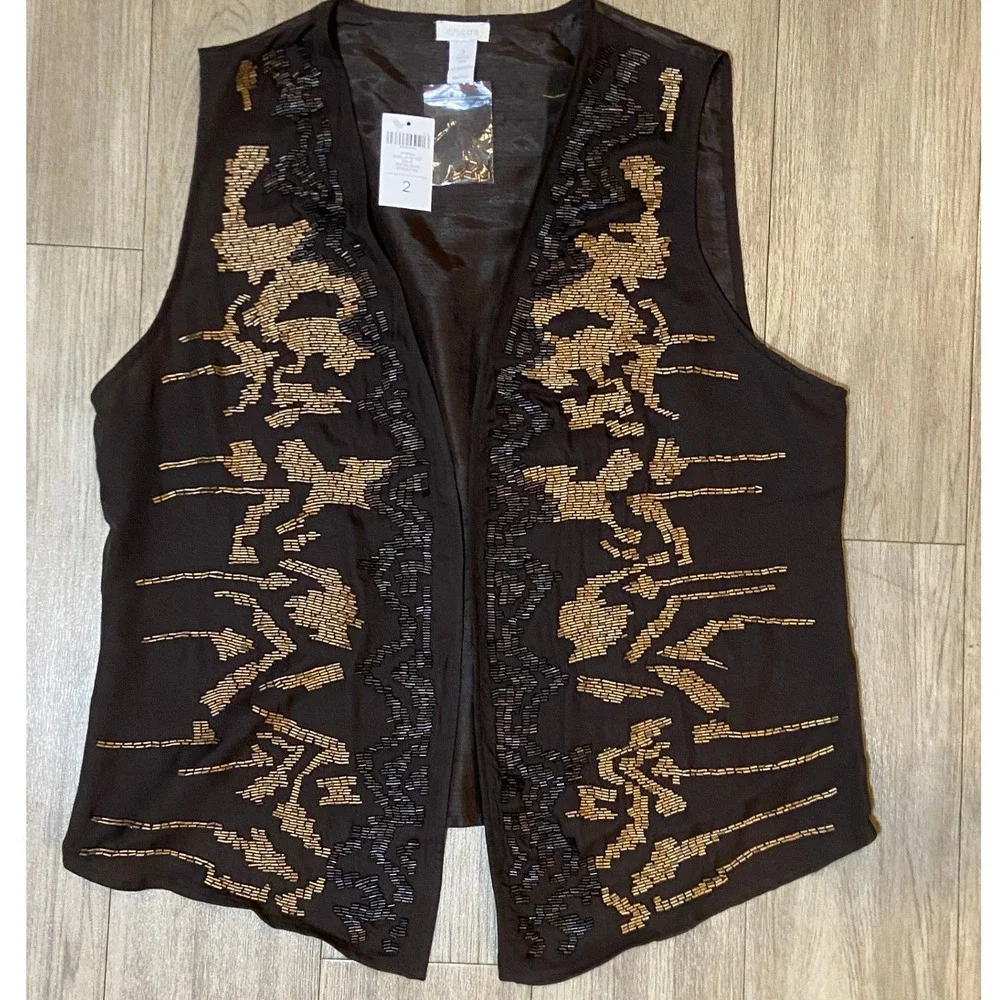 Chico's Sz 2 (US Sz 12/L) Vivianna Embellished Vest Cocoa Bean Brown Beaded NWT